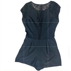 EUC Bebe Black Romper Crochet Lace Sequins Detail